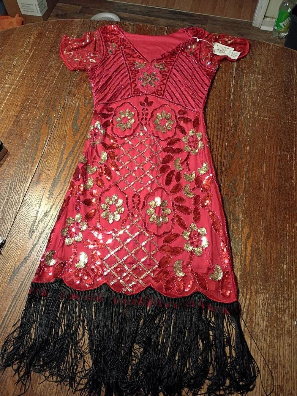 New Small ZIB Embellished Red Gold Flapper Gatsby Prom Wedding Cruise Dress